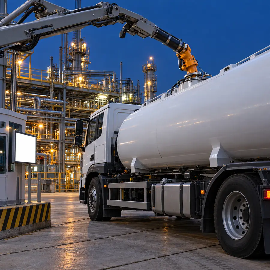 Road tanker loading diesel at a refinery gantry at night