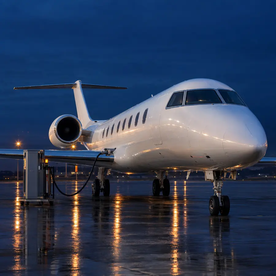 Business jet on a wet apron at dusk beside a fuelling unit