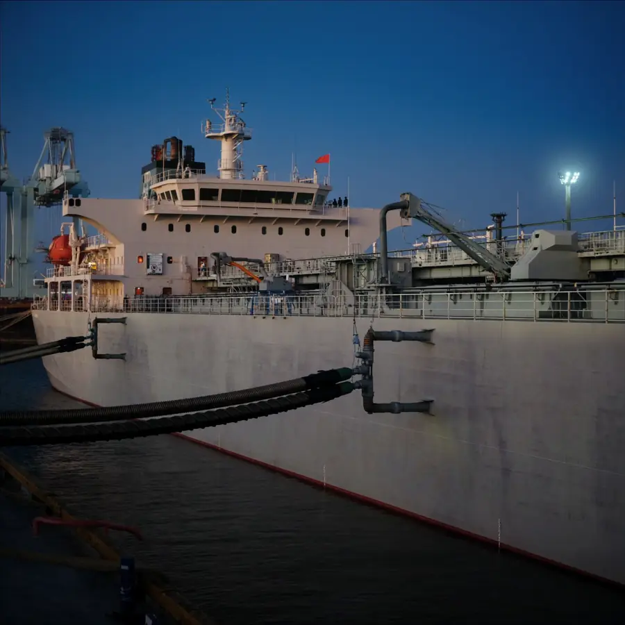 Tanker at berth at night with cargo hoses connected to the manifold